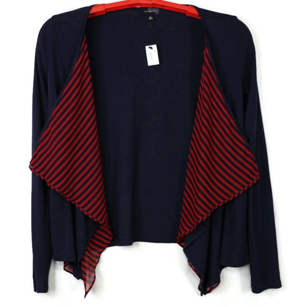 The Limited Draped Open Front Shrug Shirt Blue Red Striped Ruffle‎ Size M Medium
